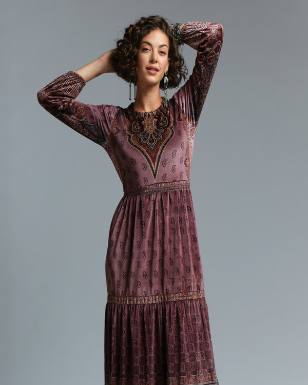 Dusty Pink Printed Velvet Maxi Dress