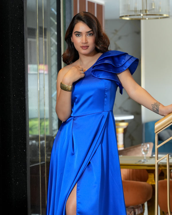 Royal Blue One-Shoulder Satin Gown with Ruffle and Slit