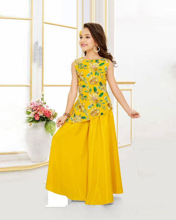 Charming Yellow Floral Peplum Top & Palazzo Set for Girls